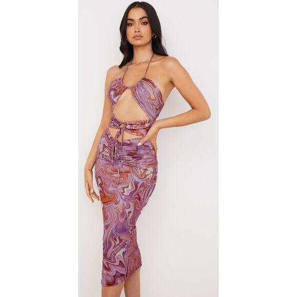 House of CB Kasia Purple Swirl Cutout Midi Dress Sz. L - Picture 1 of 9